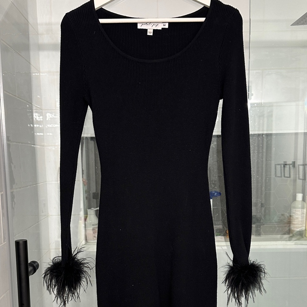 Petal & Pup Black Mini Dress with Feather Cuffs